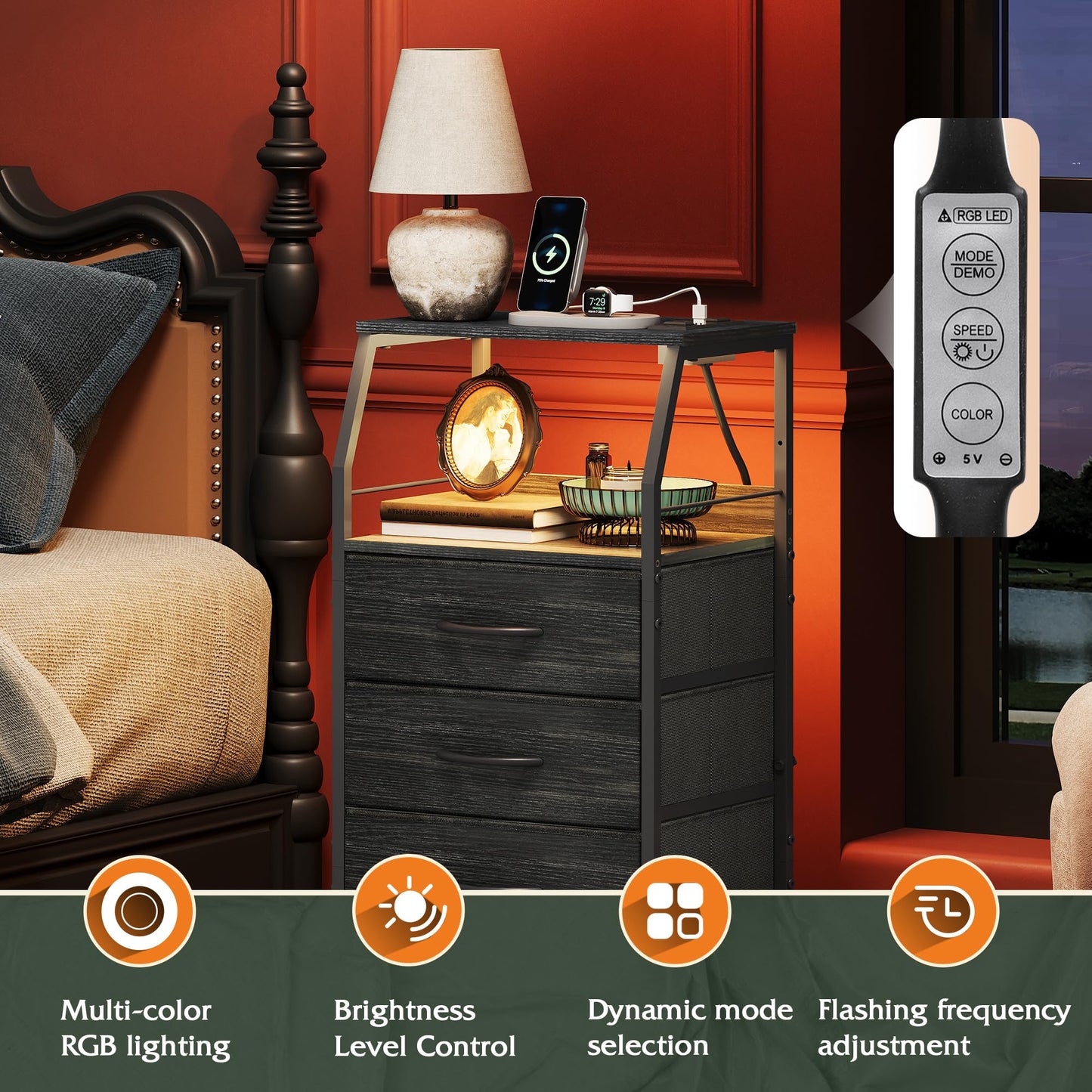 WLIVE Nightstand with Charging Station and Drawers