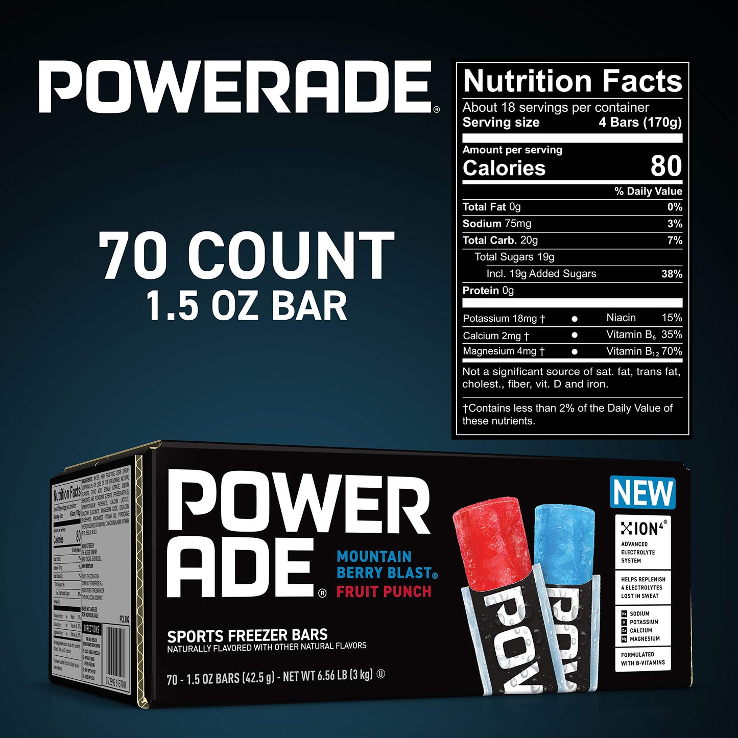 Powerade Sports Freezer Bars, 1.5 oz, Refreshing Ice Pops with Electrolytes B Vitamins, Naturally Flavored with Other Natural Flavors, Mountain Berry Blast and Fruit Punch, 70 Count