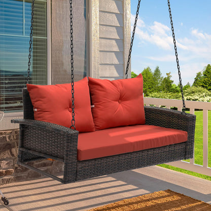YITAHOME Wicker Hanging Porch Swing Chair Outdoor Brown Rattan Patio Swing Lounge w/ 2 Back Cushions Capacity 530lbs for Garden, Balcony, Living Room, Red