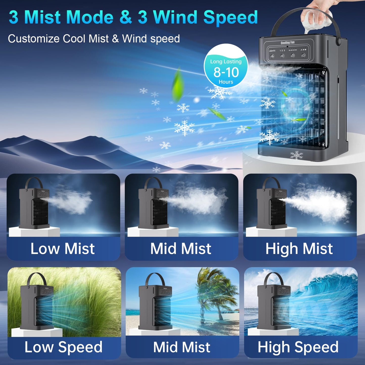 4-IN-1 Portable AC Unit with Timer & Lights