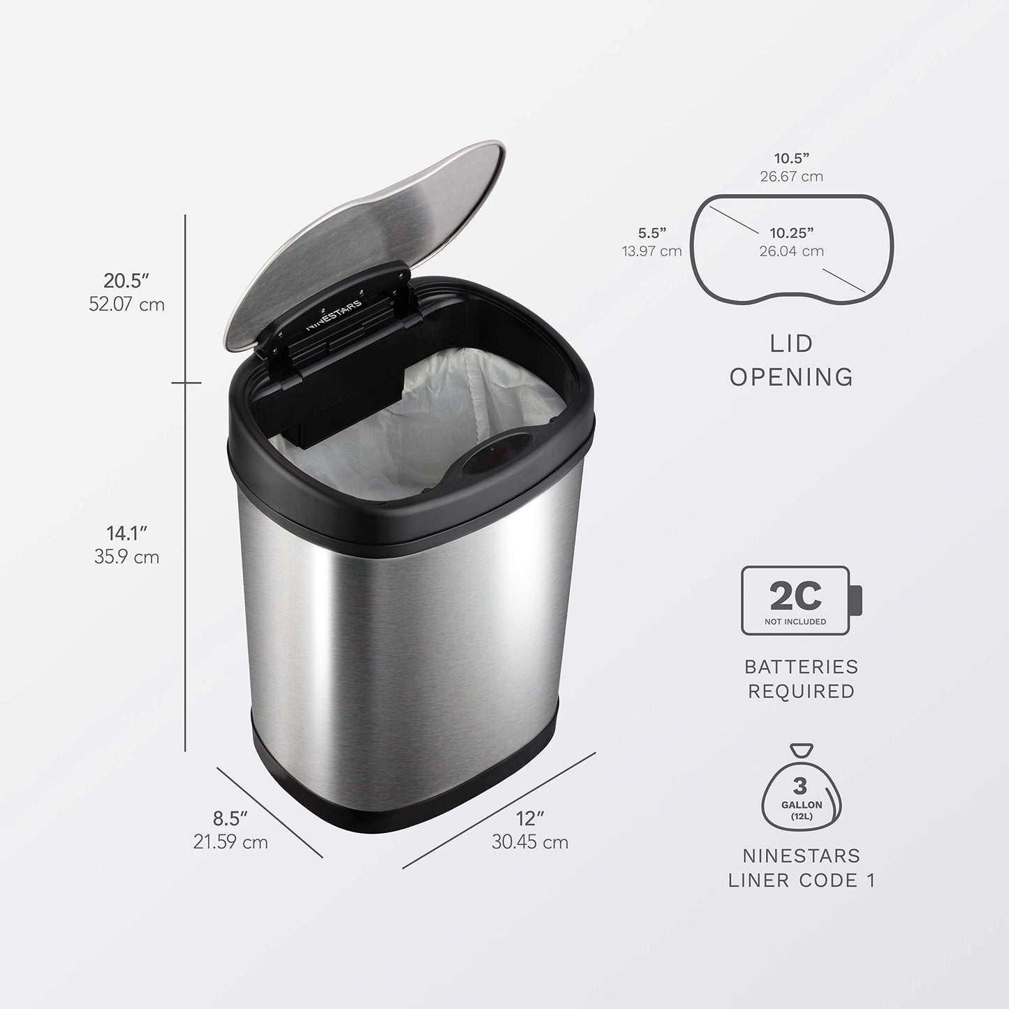 NINESTARS CB-DZT-50-13/12-13 Automatic Touchless Infrared Motion Sensor Trash Can Combo Set, 13 Gal 50L & 3 Gal 12L, Stainless Steel Base (Oval, Silver/Black Lid)