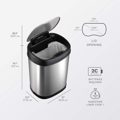 NINESTARS CB-DZT-50-13/12-13 Automatic Touchless Infrared Motion Sensor Trash Can Combo Set, 13 Gal 50L & 3 Gal 12L, Stainless Steel Base (Oval, Silver/Black Lid)
