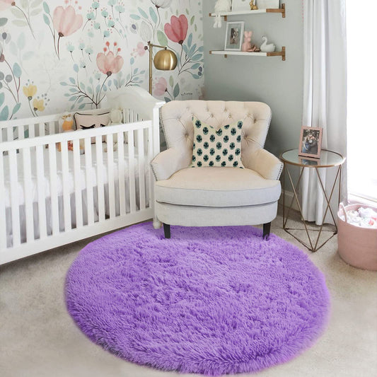 Purple Round Rug for Girls Bedroom,Fluffy Circle Rug 5'X5' for Kids Room,Furry Carpet for Teen's Room,Shaggy Circular Rug for Nursery,Fuzzy Plush Rug for Dorm,Purple Carpet,Cute Room Decor for Baby