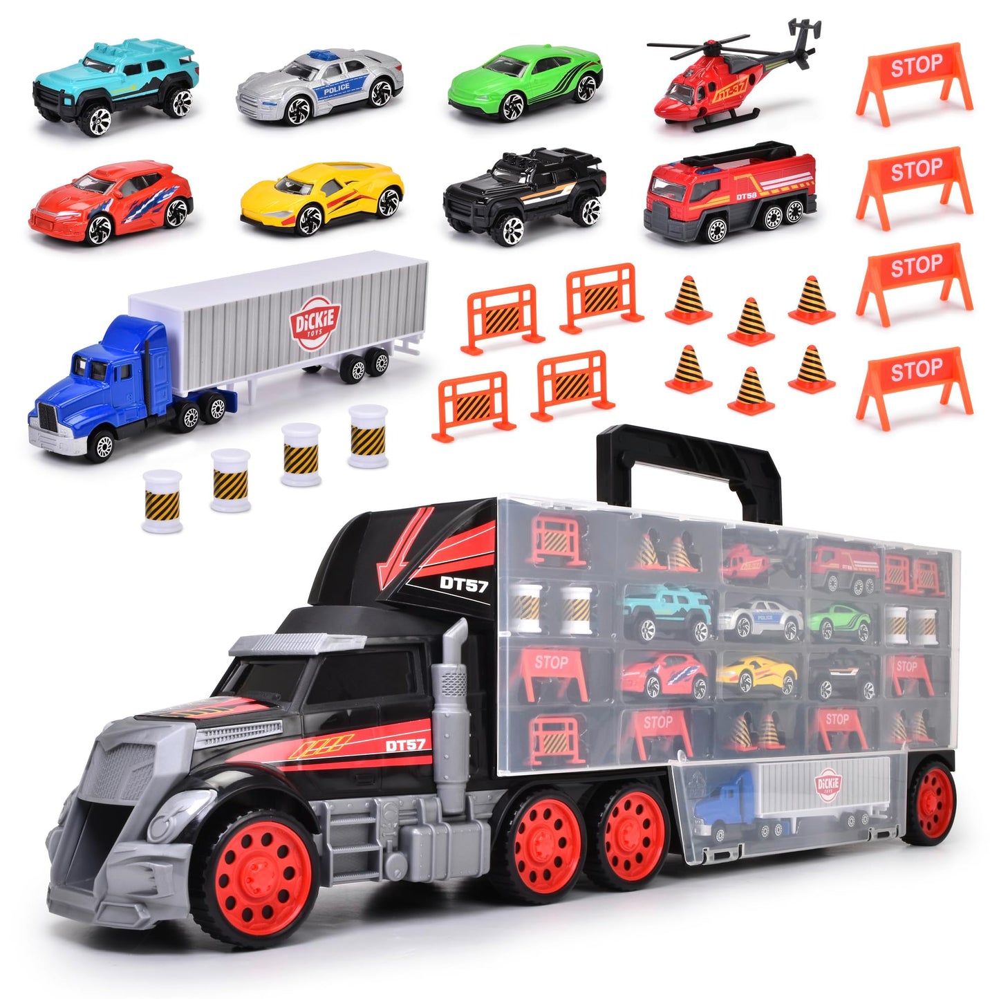 DICKIE TOYS - Truck Carry Case Playset | 1:64 Scale Diecast | Hold up to 42 Cars | Includes 7 Cars, Helicopter, Big Rig and 18 Accessories | Ages 3+