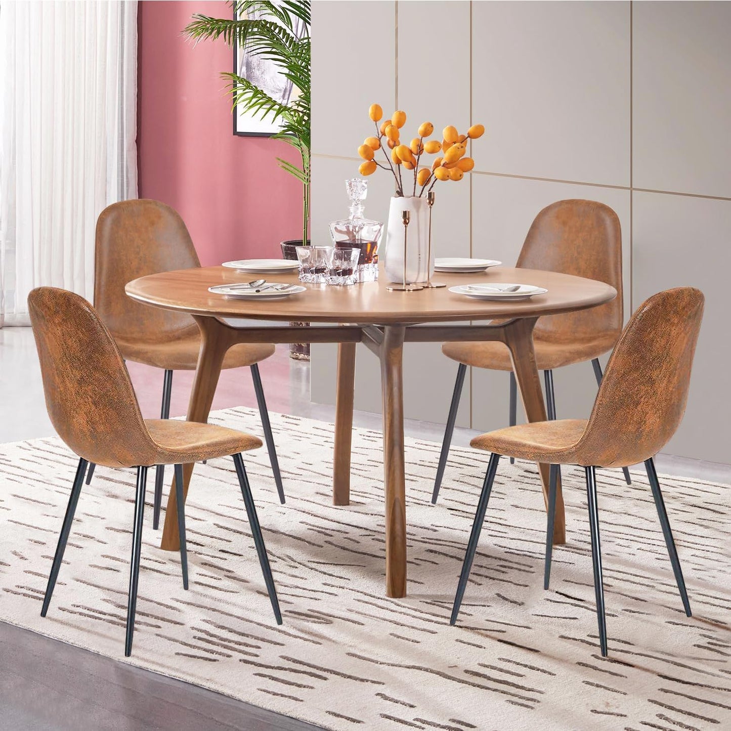FurnitureR Dining Chairs Set of 4, Comfy Fabric Suede Side Seating Kitchen Chairs Easy Assembly for Living Room Bedroom Guest Room, Brown