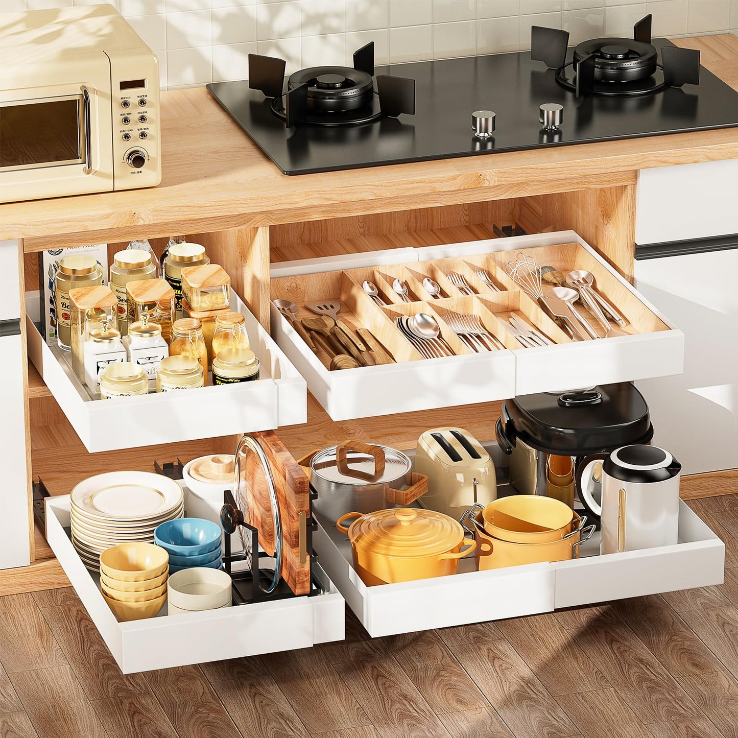 Expandable Pull-Out Cabinet Organizer with Adjustable Drawers