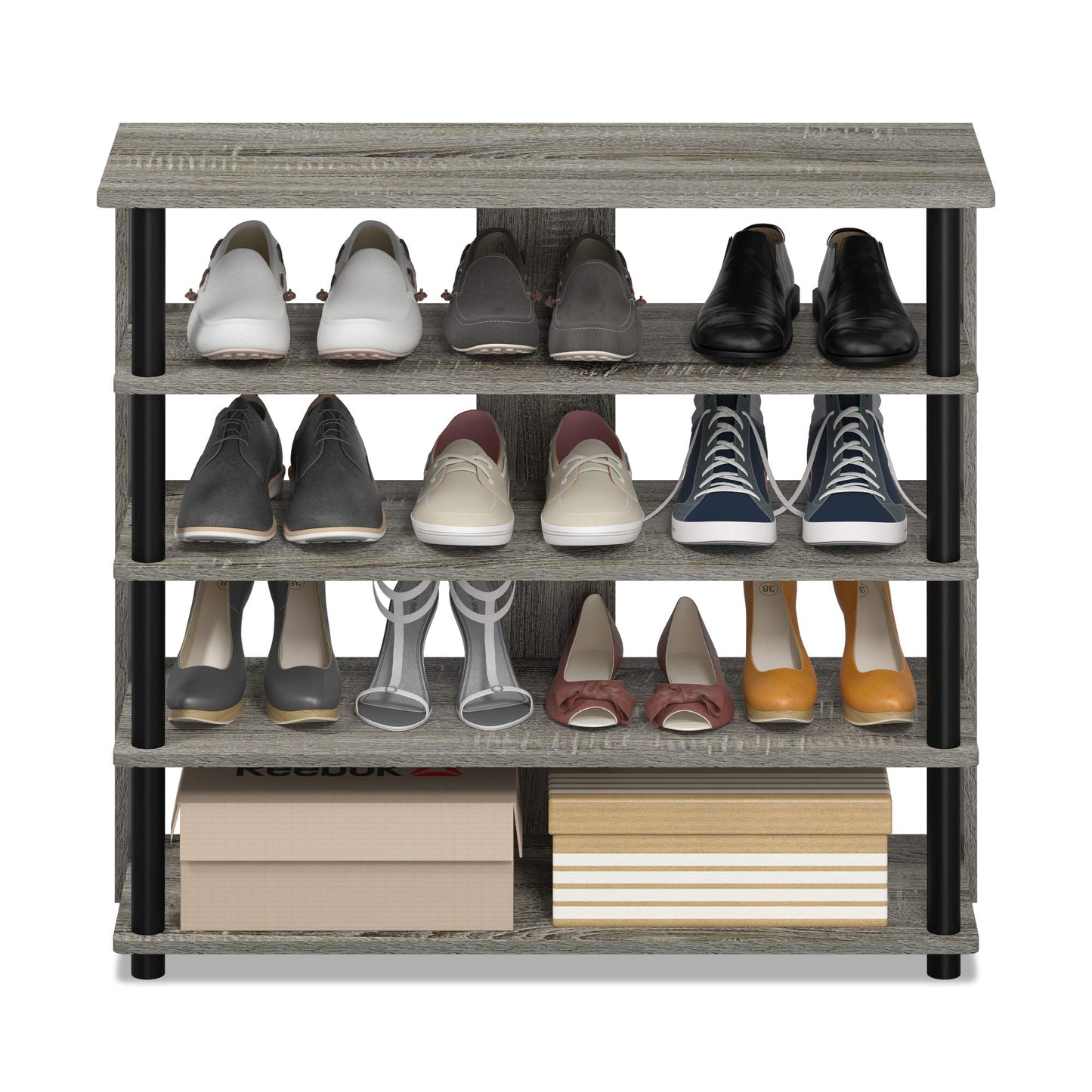 Furinno Turn-N-Tube 5 Tier Wide Shoe Rack, French Oak Grey/Black , 32 Inch