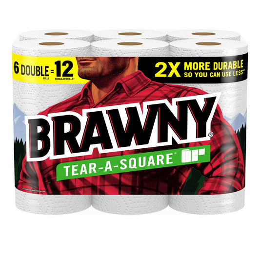 Brawny Tear-A-Square Paper Towels, 6 Double Rolls = 12 Regular Rolls, 3 Sheet Sizes (Quarter, Half, Full), Strength for All Messes, Cleanups, and Meal Prep