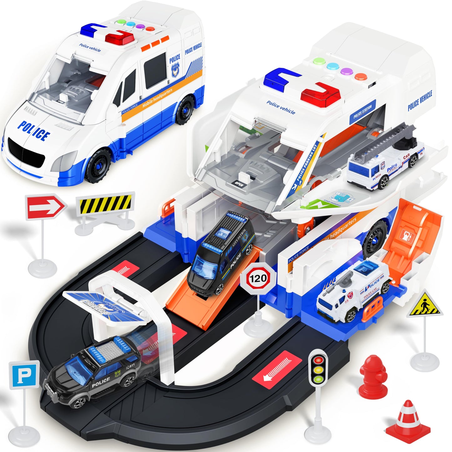 Police Car Toy Truck Set for Kids,Emergency Vehicle Playset Toy,Parking Building Adventure Toys with 4 Small Alloy Police Trucks,Ideas Birthday Gift for Kids 6 7 8 9 10 11 12+ Years Old