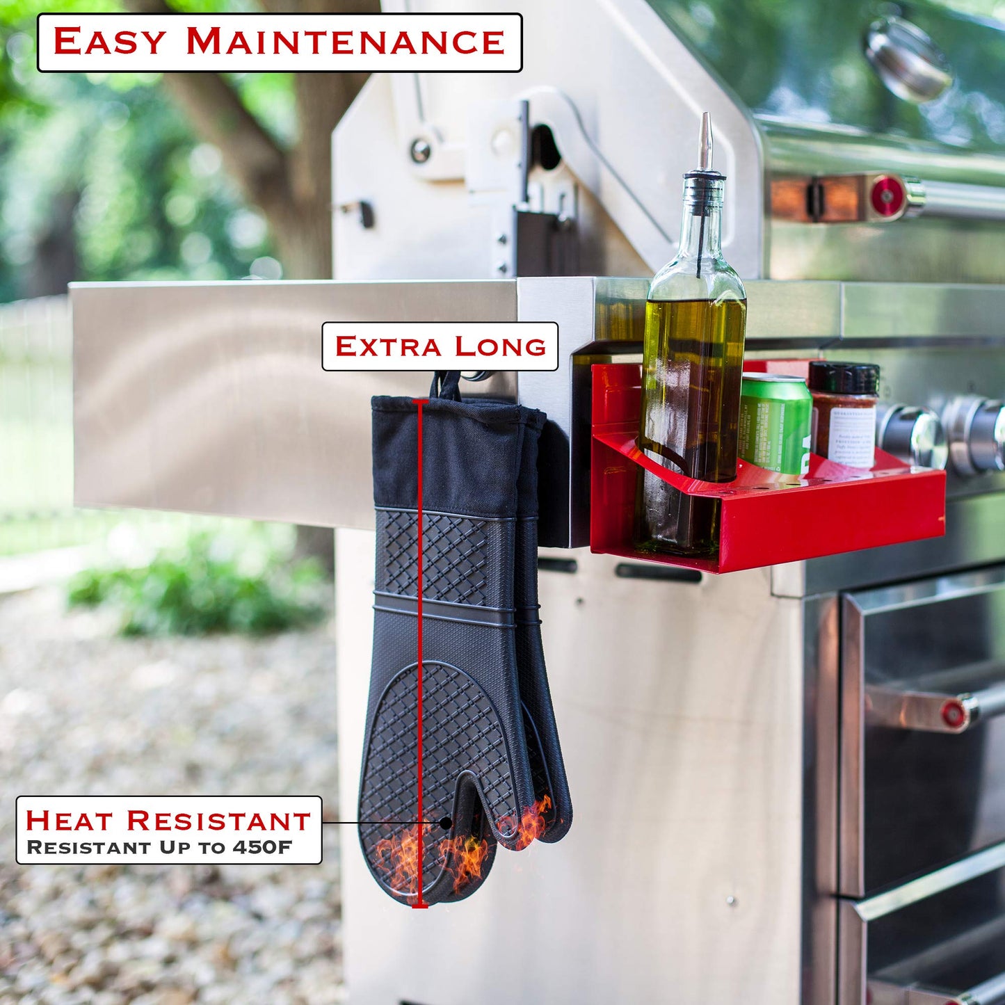 EHOMEA2Z Silicone Oven Mitts Pot Holders Heat Resistant Extra Long 2 Pcs Kitchen Cooking BBQ Black (14.5, Black)