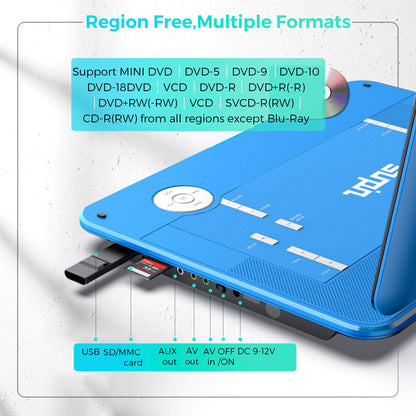 SUNPIN 17.9" Portable DVD Player with 15.6 inch Large HD Swivel Screen, Long Lasting Rechargeable Battery, Support USB/SD Card/AV in&Out and Multiple Disc Formats, Louder Stereo Speaker, Blue