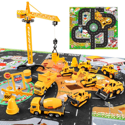 deAO Die Cast Construction Toy Trucks Set with Play Mat, 8 Construction Vehicles with Road Signs Crane, Bulldozers Excavator Cement Dump Digger Toys, Toddler Boys Toys for Kids Age 3 4 5 6 Birthday