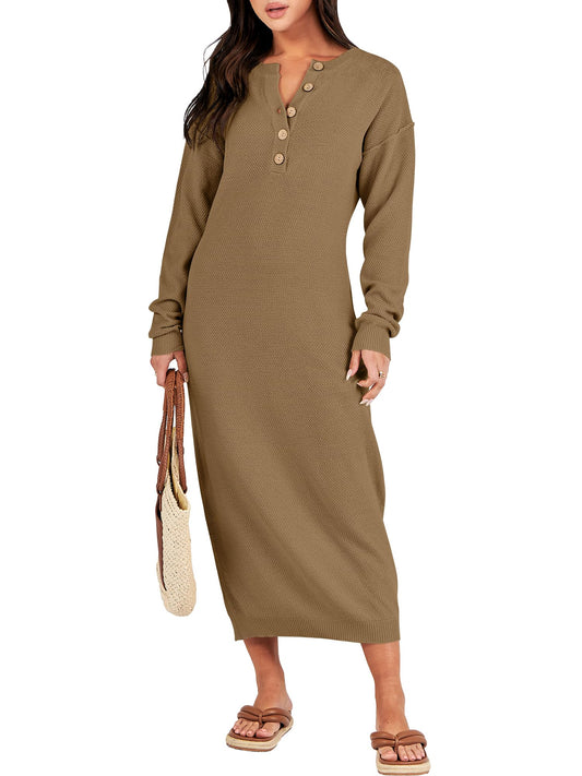 ANRABESS Women Long Sleeve Button V Neck Oversized Casual Loose Fit Waffle Knit Fall Midi Sweater Dress 2024 Trendy Outfits Khaki Medium