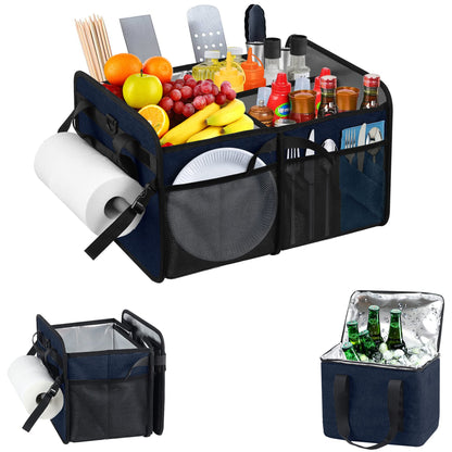 WOMACO Grill BBQ Caddy with Cooler Bag and Paper Towel Holder, Picnic Organizer for Utensil, Plate, Condiment, Griddle Caddy for Outdoor, Camper, Travel, Car, RV Must Haves (Dark Blue)
