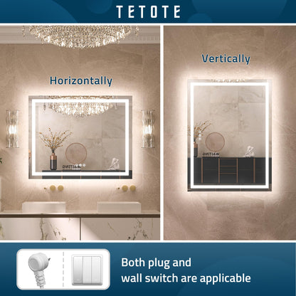 TETOTE LED Bathroom Mirror 48 x 36 Inch with Frontlit & Backlit Lighted Vanity Mirror Anti Fog Stepless Dimmable 3 Colors White/Warm/Natural,CRI90+ Double Lights,Wall-Mounted(Horizontal/Vertical)