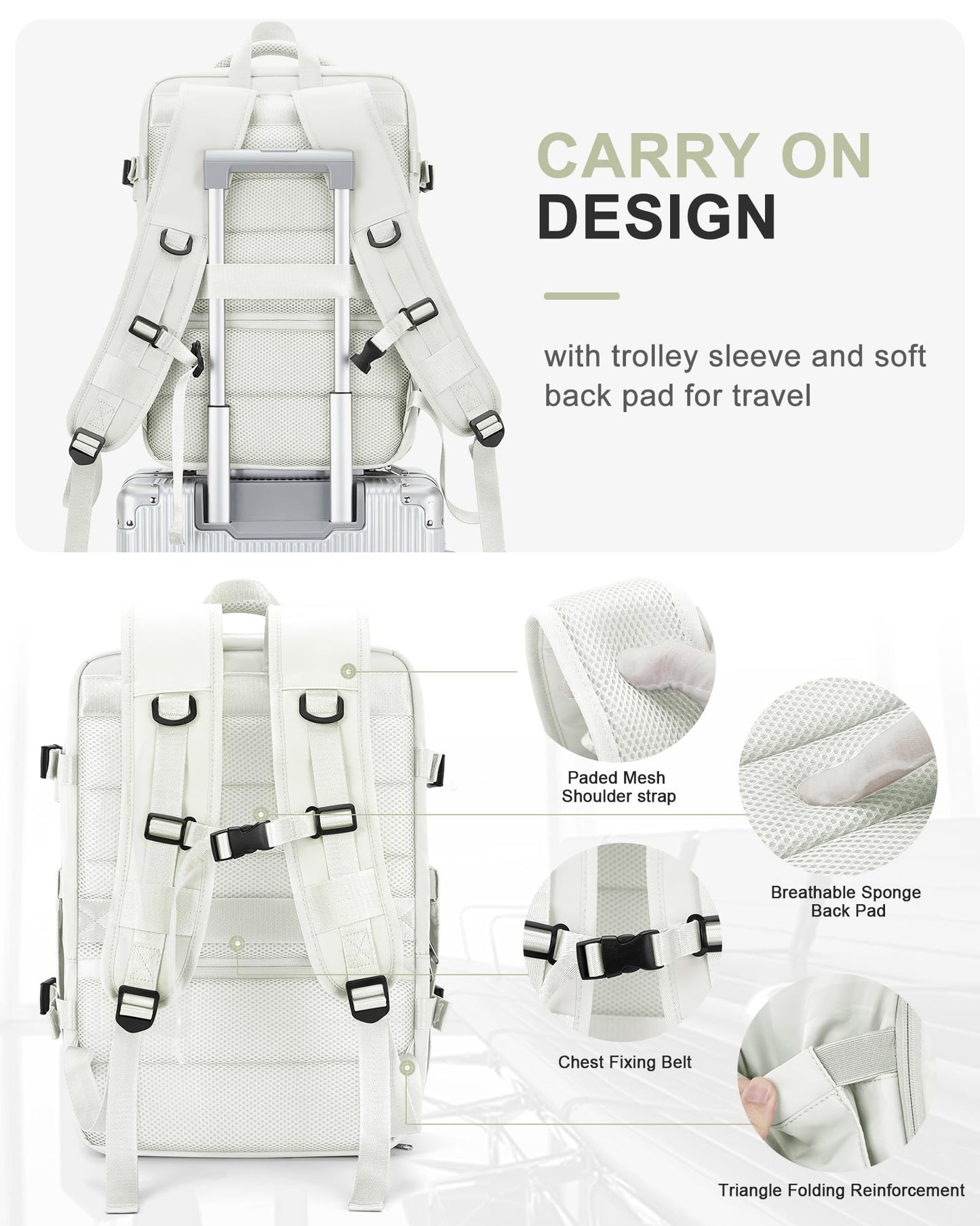 Large Travel Backpack for Women Carry On Airline Flight Approved Expandable Work Personal Item size Backpack Bag with Laptop compartment for College Men Waterproof Hiking Mochila de Viaje MoonWhite