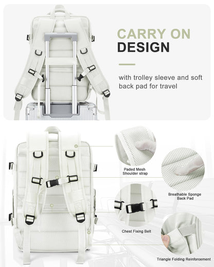 Large Travel Backpack for Women Carry On Airline Flight Approved Expandable Work Personal Item size Backpack Bag with Laptop compartment for College Men Waterproof Hiking Mochila de Viaje MoonWhite