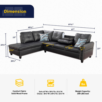 FUOROLA Naza Left Facing Faux Leather Set (Sofa+Chaise), 97.5"x69.5"x32.5", Blk