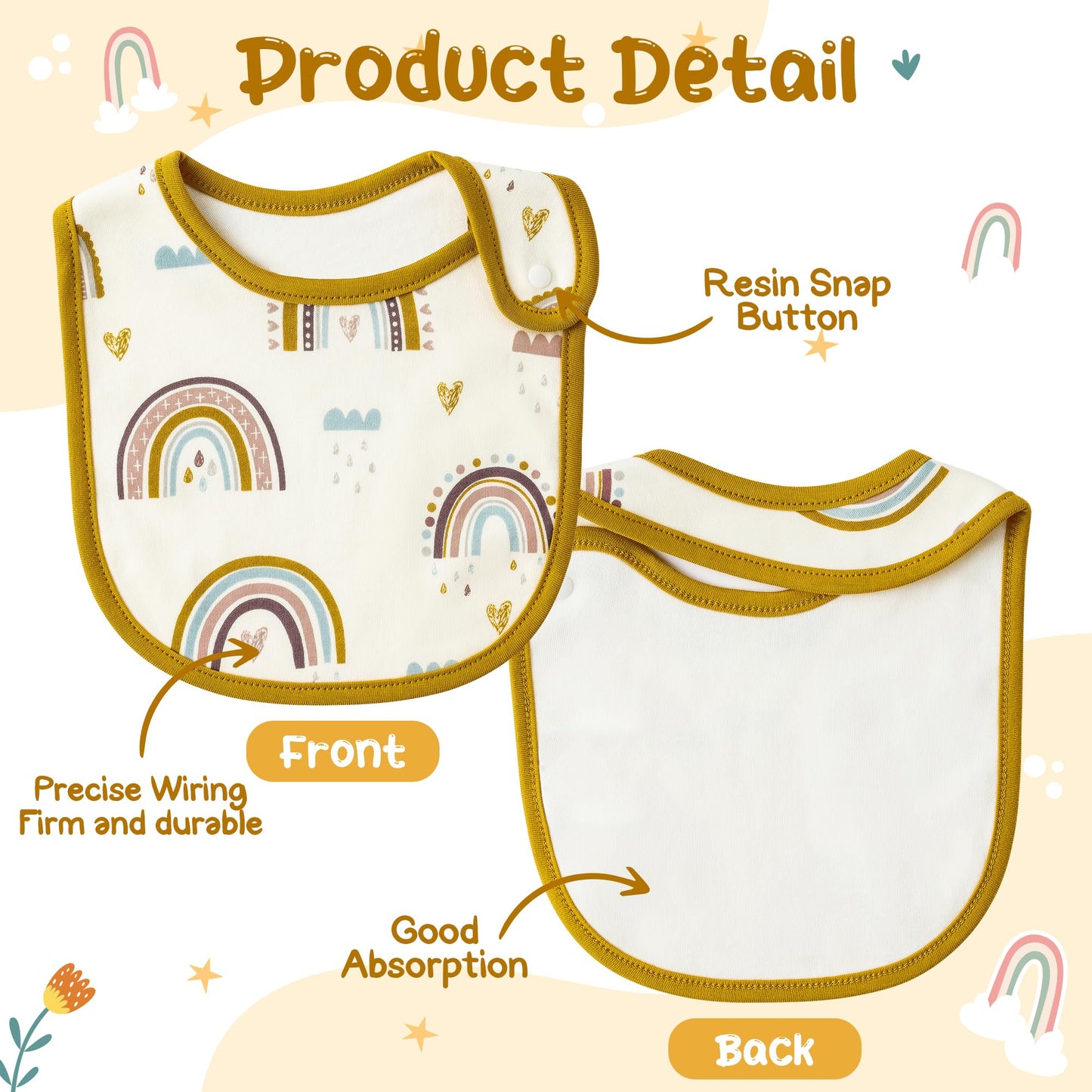 2ooya Cotton Drooling Baby Bib - 3Pcs Unisex Boy Girl Cotton Teething Infant Bibs with Adjustable Buttons Boho Rainbow Toddler Food Bibs Keepsake Baby Gift Photo Props for Baby Shower(6-12 months)