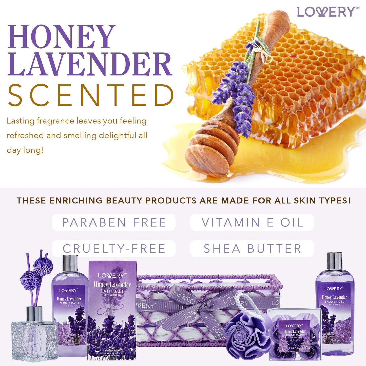 Christmas Gifts, Bath and Body Gift Basket For Women and Men, Honey Lavender Home Spa Set with Essential Oil Diffuser, Soap Flowers, Bath Salts, Bubble Bath and More - 13 Pc Set Presents for Mom