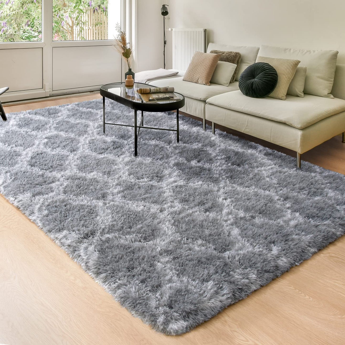 Unirea Luxury Shag Area Rugs for Living Room 4x6 Feet Geometric Plush Fluffy Rugs, Extra Soft and Comfy Carpet for Bedroom Kids Teens Room Dorm Nursery Playroom Home Decor, Light Grey/White