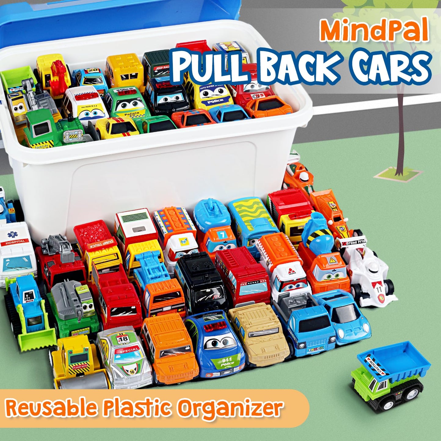 MindPal 50 Pcs Toy Cars with Large Plastic Organizer, Pull Back Cars for Kids, Cars for Kids Ages 3-5, Birthday and Party Decorations, Birthday Presents for 3 + Year Old Girls and Boys