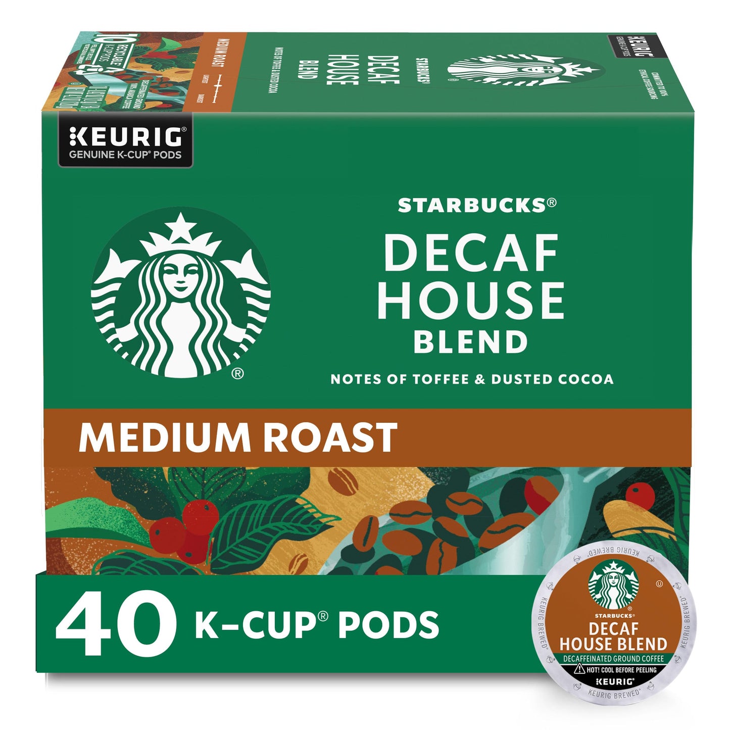 Starbucks Decaf K-Cup Coffee Pods, House Blend for Keurig Brewers, 1 box (40 pods)