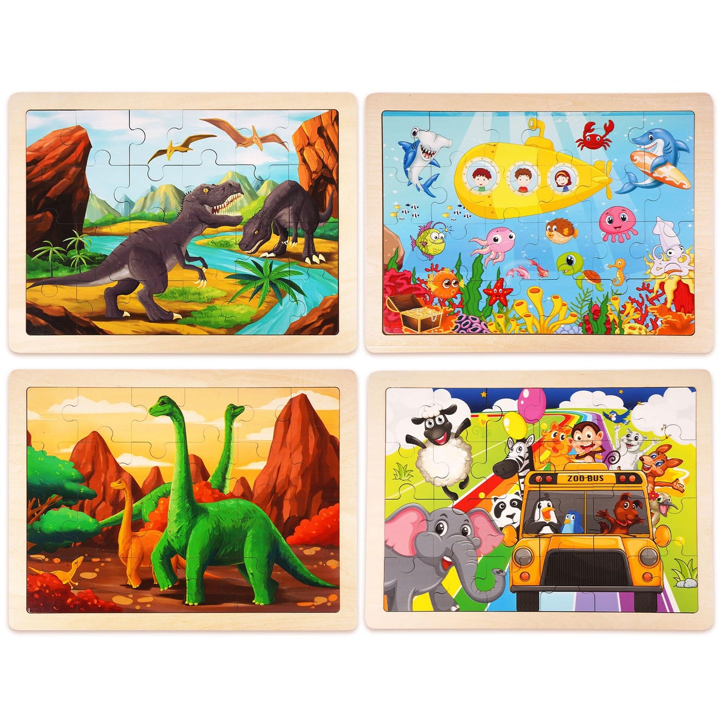 AXEARTE Wooden Puzzles for Kids Ages 3-5, 4 Packs 24 PCs Jigsaw Puzzles Montessori Toys, Dinosaur, Zoo, Sea Animals Wood Brain Teasers Boards Educational Toys for Boys and Girls