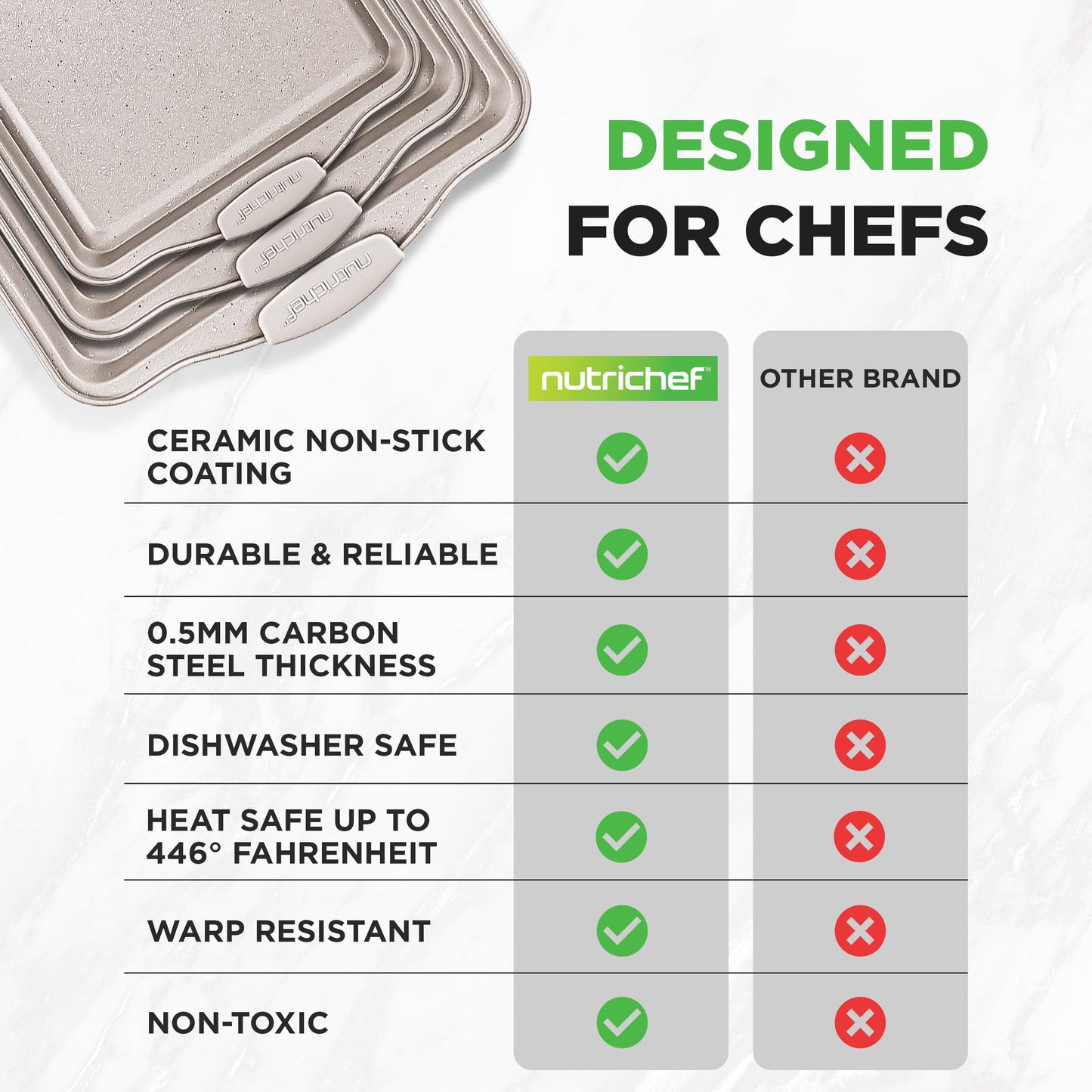 NutriChef 3 Piece Nonstick Cookie Sheets for Baking - Premium Carbon Steel Baking Pans with Black Silicone Handles - Even Heat Distribution, PFOA/PFOS/PTFE Free, Easy to Clean - Cream Marble, NCBKT3CM