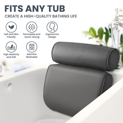 LuxStep Bath Pillow Bathtub Pillow with 6 Non-Slip Suction Cups,14.6x12.6 Inch, Extra Thick and Soft Air Mesh Pillow for Bath - Fits All Bathtub, Grey