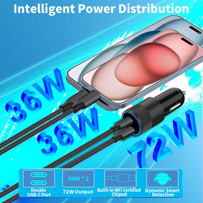 [Apple MFi Certified] iPhone 16 Car Charger Fast Charging, Braveridge 72W Dual PD Car Power Cigarette Lighter USB-C Car Charger + 2Pack Type-C Braided Cable for iPhone 16 Pro/16 Pro Max/15/15 Pro/iPad