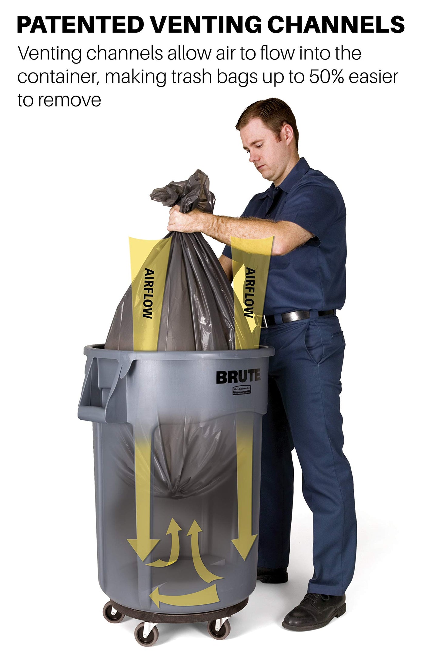 Rubbermaid Commercial Products BRUTE Heavy-Duty Round Trash/Garbage Can with Venting Channels, 44-Gallon, Black, Waste Container for Landscapers/Construction/Restaurants/Warehouses/Home, Pack of 3