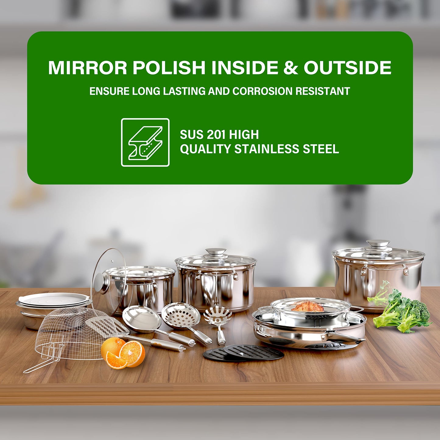 18-Piece Stainless Steel Cookware Set with Utensils