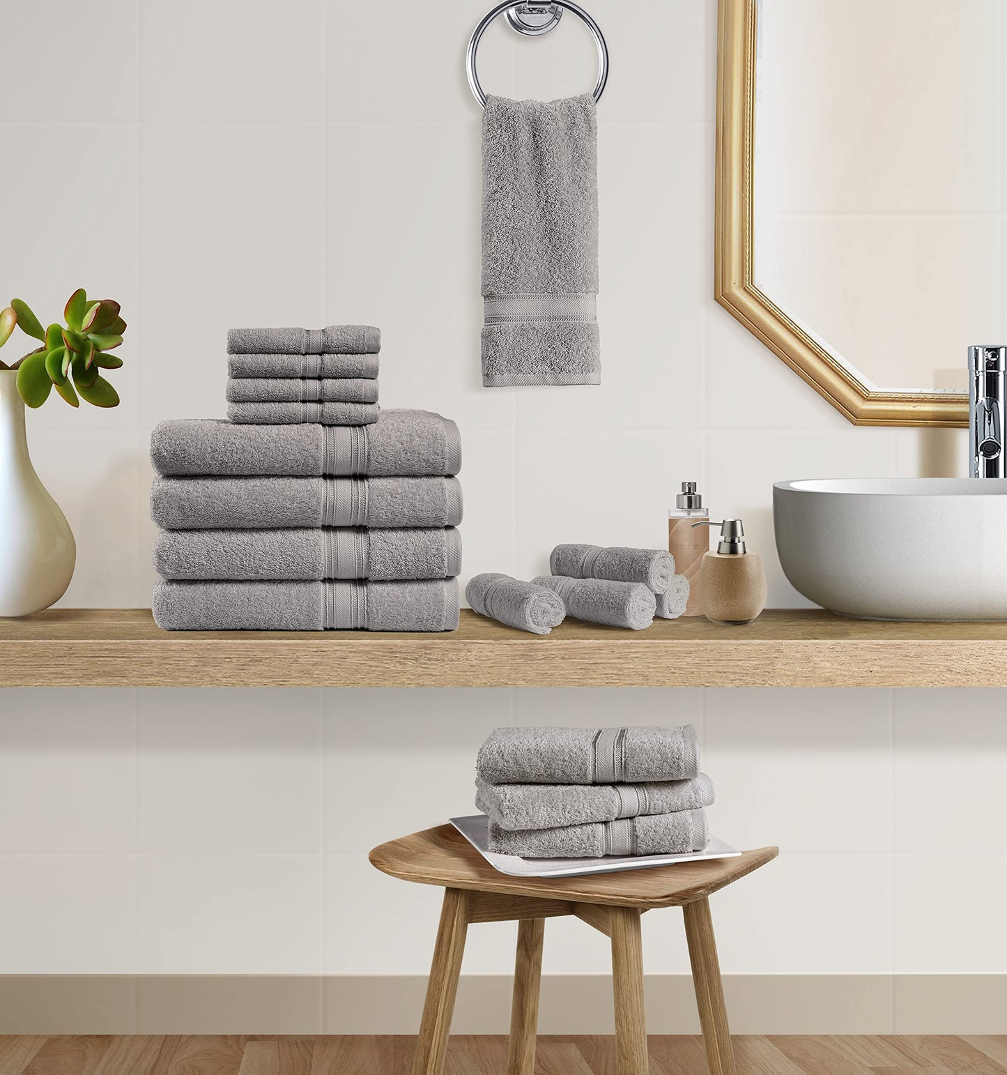 Chateau Home Luxurious 16 Piece Bath Towels Sets, (4 Bath Towels, 4 Hand Towels, 8 Wash Cloths) Low Lint, Premium Quality Towel Sets, Durable, Highly Absorbent, Extra Large Bath Towels -Granite Grey