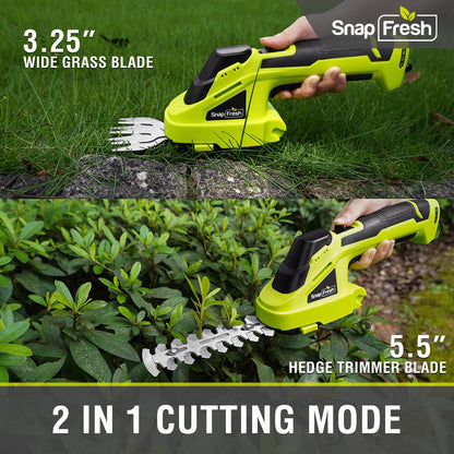 SnapFresh Cordless Grass Shear Bush Trimmer, 2 in 1 Handheld Hedge Trimmer, 7.2V Electric Grass Trimmer, Lightweight Shrubbery Trimmer Battery & Charger Included, Shrub Trimmer for Garden(Green)
