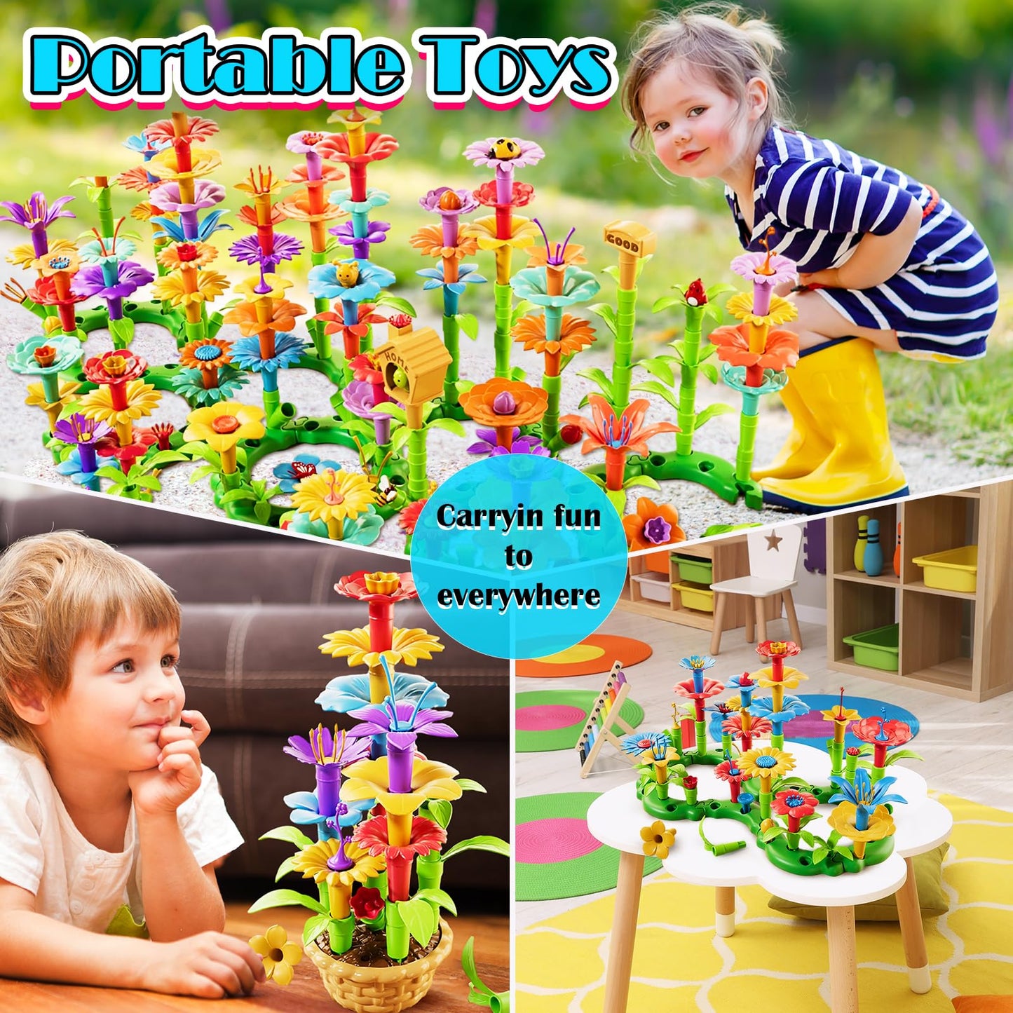 FUNZBO Flower Building Toys - Stacking Garden Toy with Storage Box, Toddler Toys, Toys for Grils 3, 4, 5, 6, 7 Years Old, Birthday Gifts for Kids (224 pcs)