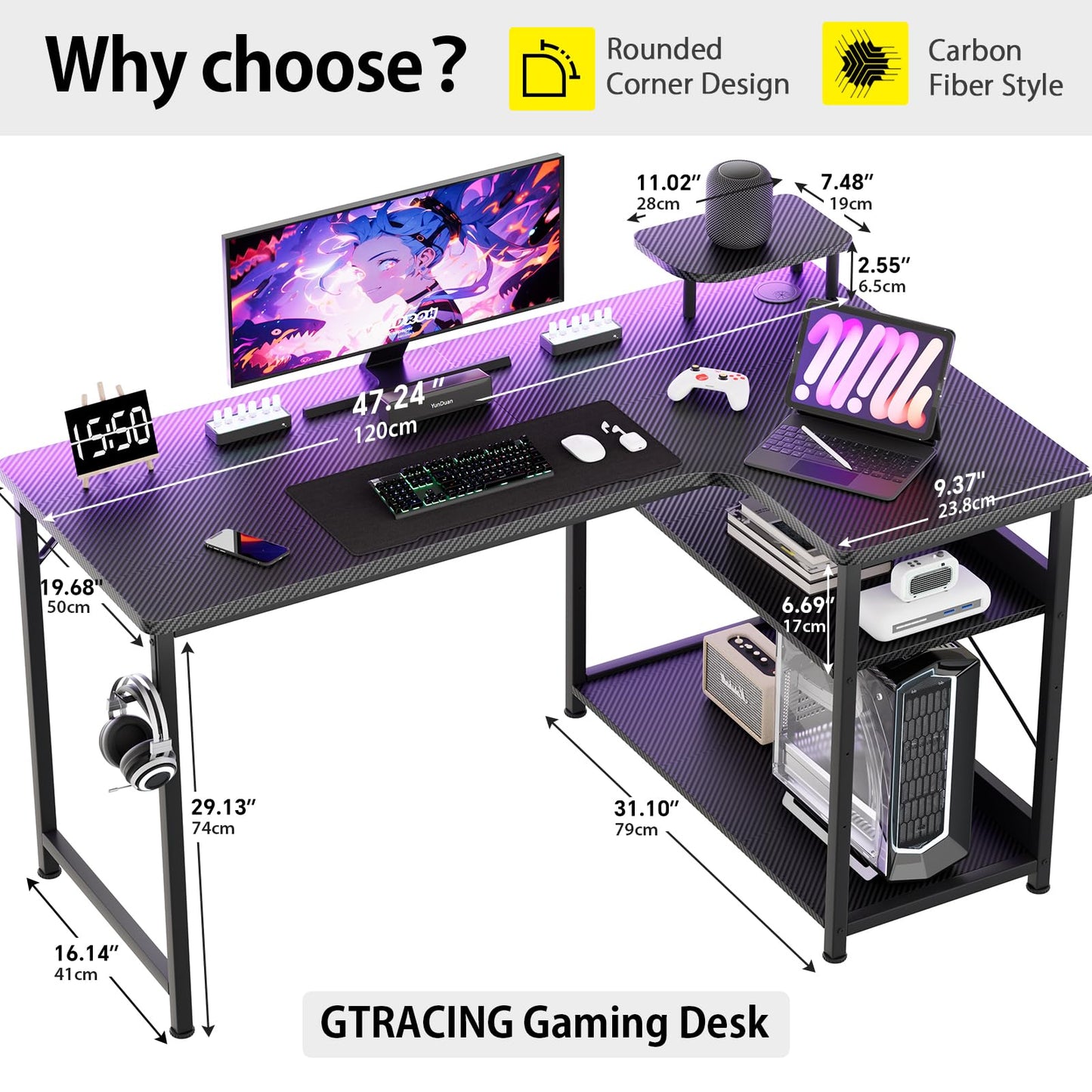 L-Shaped Gaming Desk with Adjustable Shelves