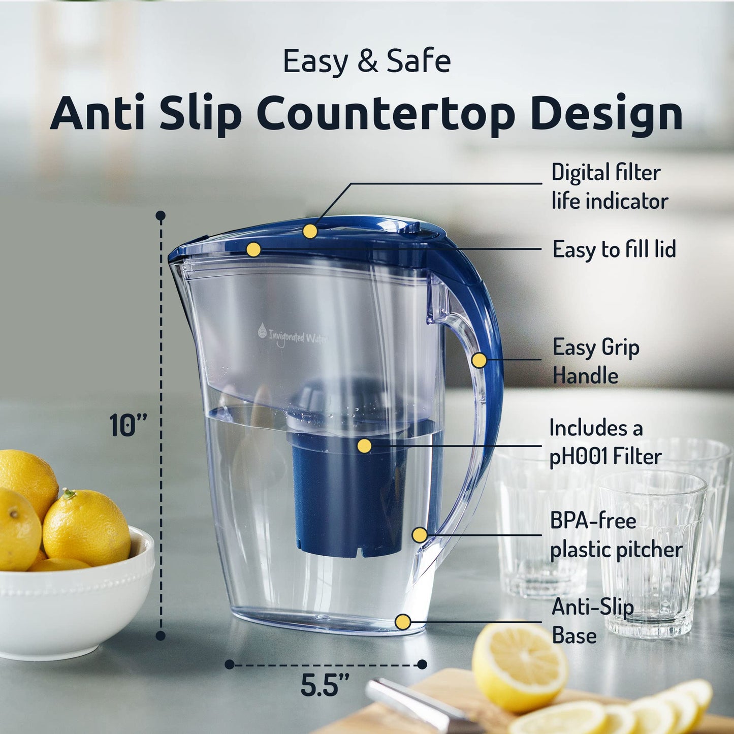 pH Refresh Alkaline Water Pitcher with Long-Life Filter – Alkaline Water Filter – Water Filtration System – High pH Alkaline Water Dispenser, 84oz, 2.5L (Navy)