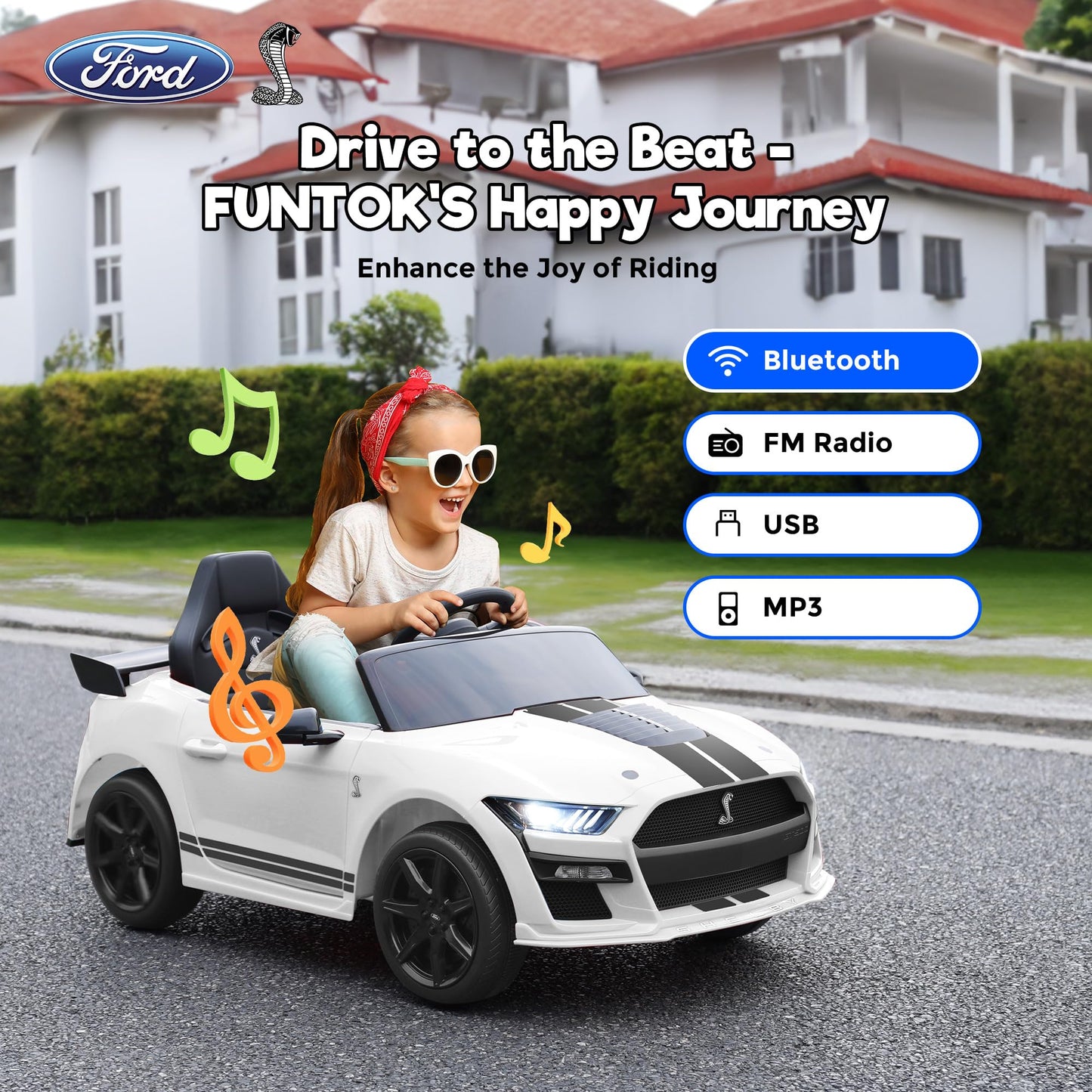 FUNTOK 12V Ford Mustang Ride On Car for Kids