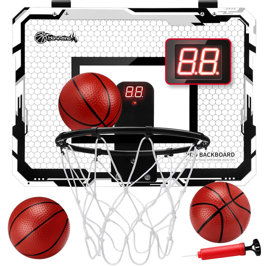 Hommtina Basketball Hoop Indoor with Electronic Scoreboard Mini Basketball Hoop with 3 Balls, Indoor Basketball for Door & Wall Office Bedroom Score Basketball Hoop for Kids (Black and White+Counter)