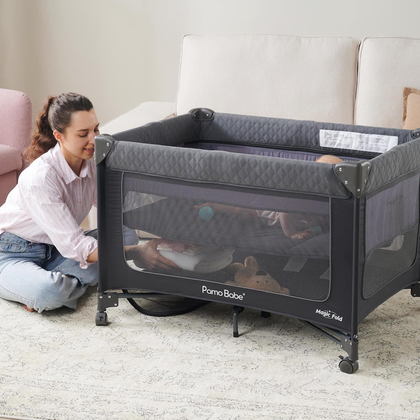 Pamo Babe Magic Fold Baby Playard with Removable Bassinet, 1 Step to Set Portable Crib with Changing Table and Zipper Gate, Easy to Carry