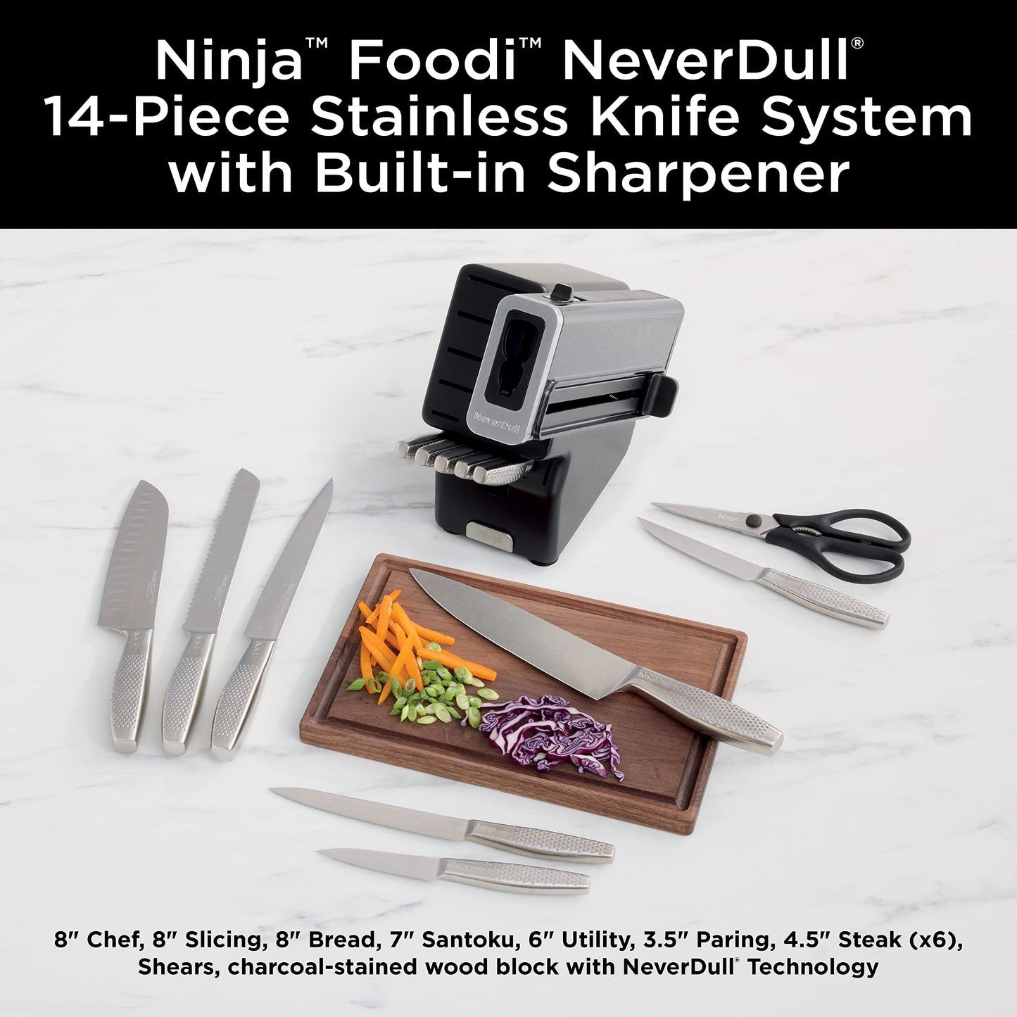 Ninja K62014 Foodi NeverDull Premium 14-Piece German Stainless Steel Knife System with Built-in Sharpener, Stainless Steel/Black