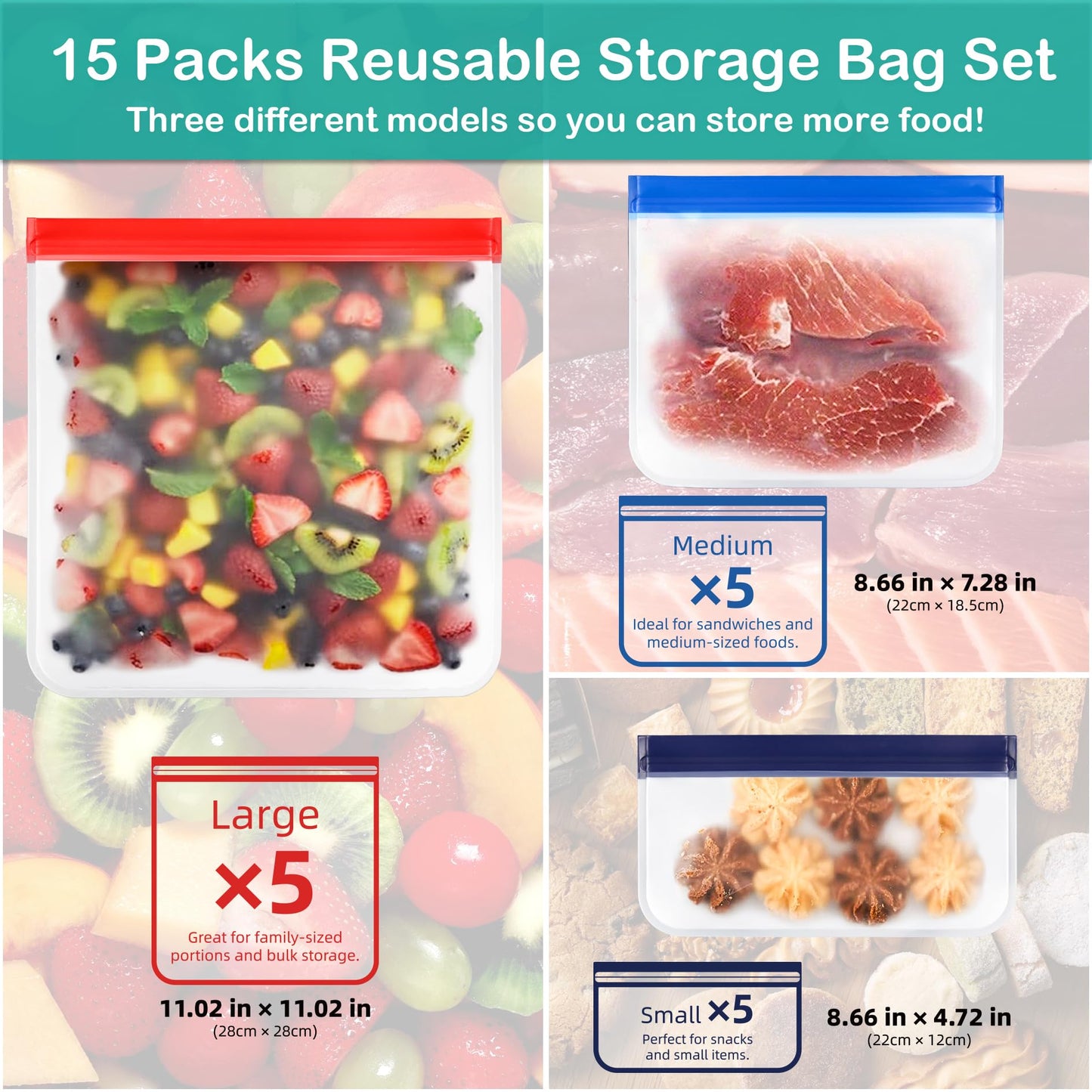 Reusable Silicone Food Storage Bags - 15 Packs
