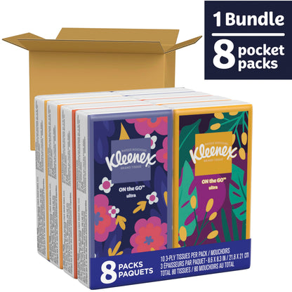 Kleenex On-The-Go Facial Tissues, 8 Packs, 80 Tissues