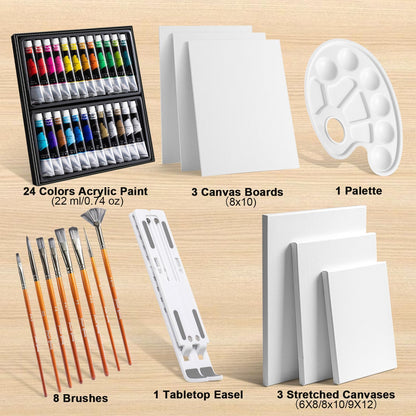Acrylic Paint Set with Canvases and Brushes