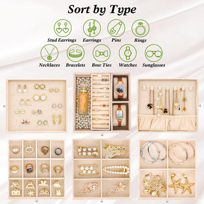DesignSter Jewelry Organizer Box, 4 Layers Leather Jewelry Organizer, Large Jewelry Box with Visible Side Drawers, Jewelry Storage Case For Necklaces Earrings Rings Bracelets Watches (Beige)