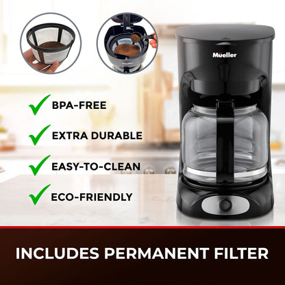 UPDATE: NOW $16.49! Mueller 12-Cup Drip Coffee Maker, Auto Keep Warm Function, Smart Anti-Drip System, with Durable Permanent Filter and Borosilicate Glass Carafe, Clear Water Level Window Coffee Machine