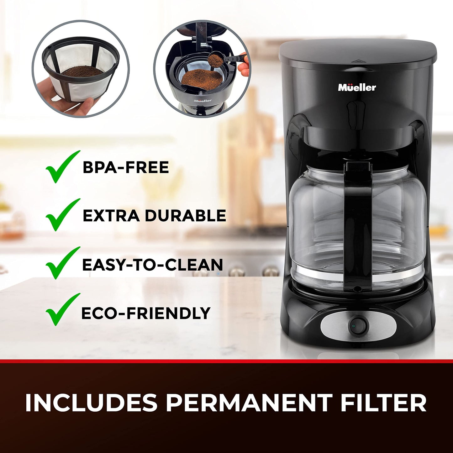 Mueller 12-Cup Drip Coffee Maker Machine with Anti-Drip System, Permanent Filter, Glass Carafe, and Auto Keep Warm Function