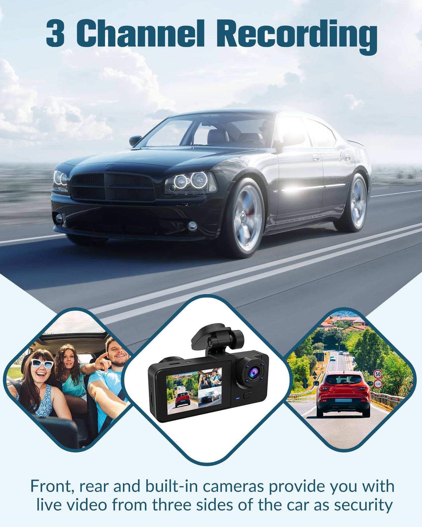 3 Channel 4K Dash Cam, Dash Cam Front and Rear Inside, Dash Camera for Cars, Triple Car Camera, Three Way Dashcam with 32GB Card,Built-in G-Sensor, 24Hr Parking,WDR,Loop Recording