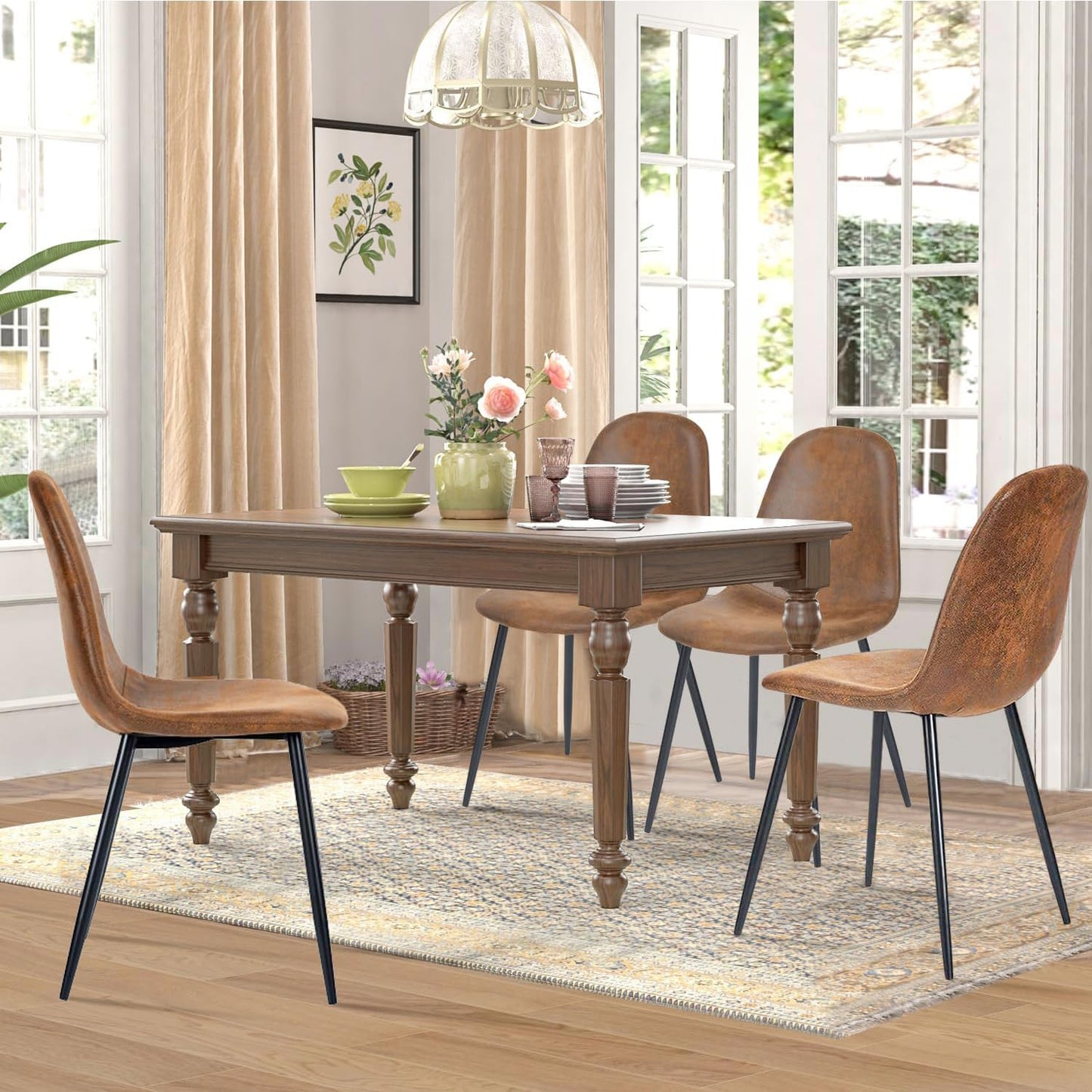 FurnitureR Dining Chairs Set of 4, Comfy Fabric Suede Side Seating Kitchen Chairs Easy Assembly for Living Room Bedroom Guest Room, Brown